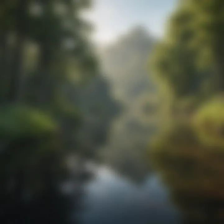 Tranquil lake surrounded by lush greenery