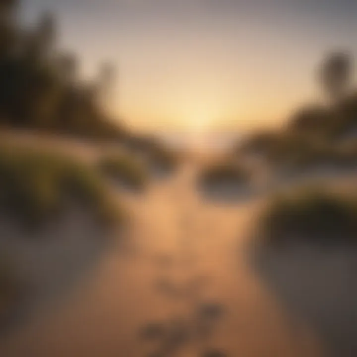 A serene view of a lake bordered by lush beach dunes at sunset