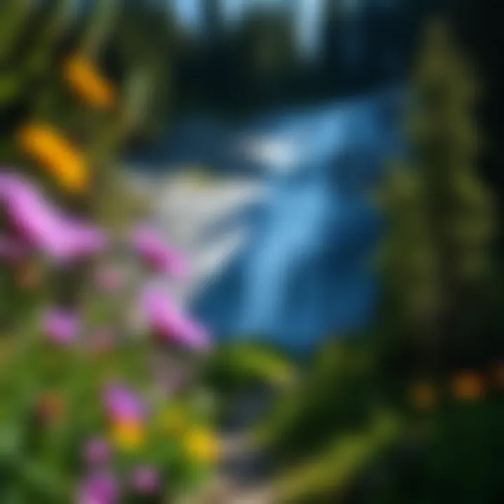 Hiking Trail to Serene Waterfall Hiking trail leading to a serene waterfall, framed by vibrant wildflowers
