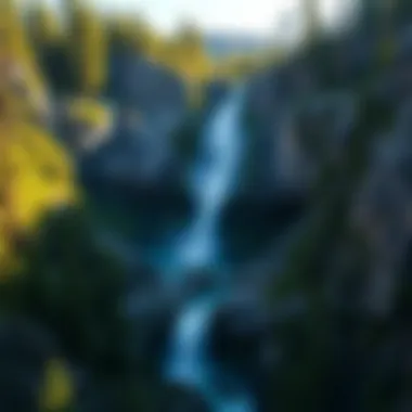 Majestic Waterfall in Montana Majestic waterfall cascading down rocky cliffs surrounded by lush greenery