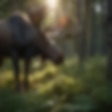Moose Feeding in the Forest Close-up of a moose munching on foliage in a lush forest setting.
