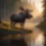 A serene landscape featuring a moose standing by a tranquil lakeside during sunrise.