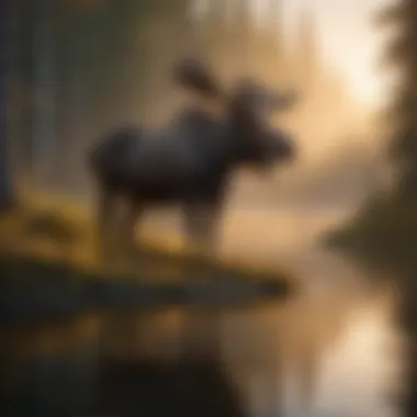 Moose at Sunrise by the Lake A serene landscape featuring a moose standing by a tranquil lakeside during sunrise.