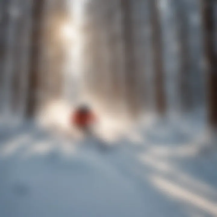 Skier navigating through untouched powder in a serene forest