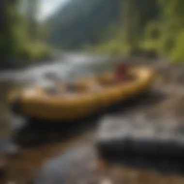 Rafting gear and equipment displayed on a riverbank