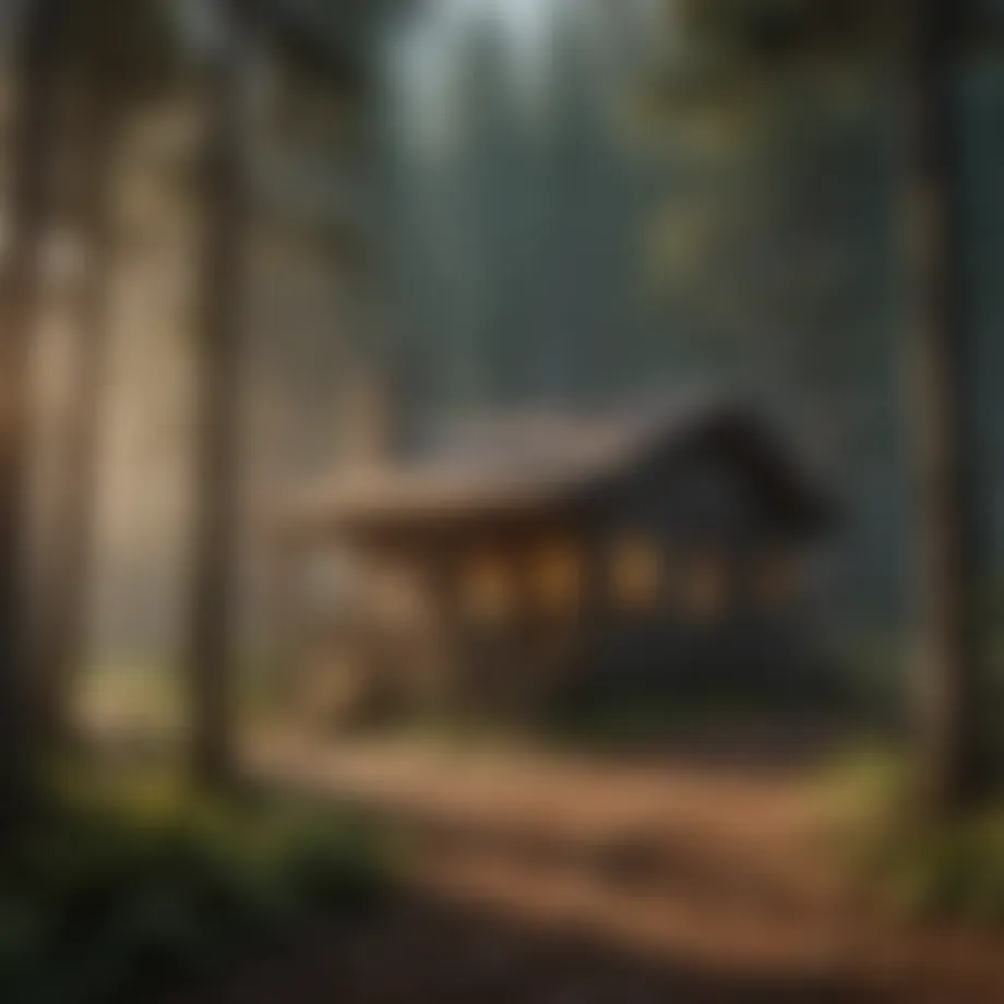 A serene forest landscape showcasing a ranger station nestled among tall trees.