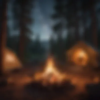 Campfire setup with tents in a forest clearing