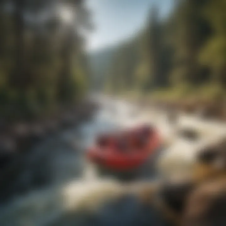 An aerial perspective of a group enjoying a water rafting adventure