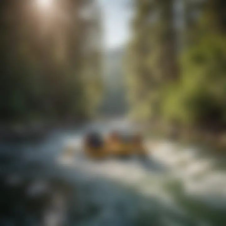 Close-up of a raft gliding over clear waters surrounded by lush greenery