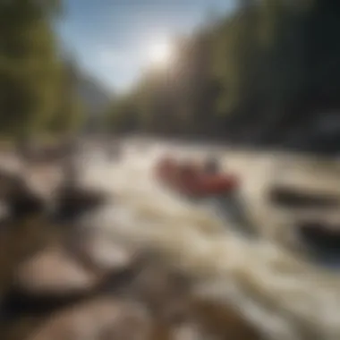 A scenic view of the river with rafters navigating through the rapids