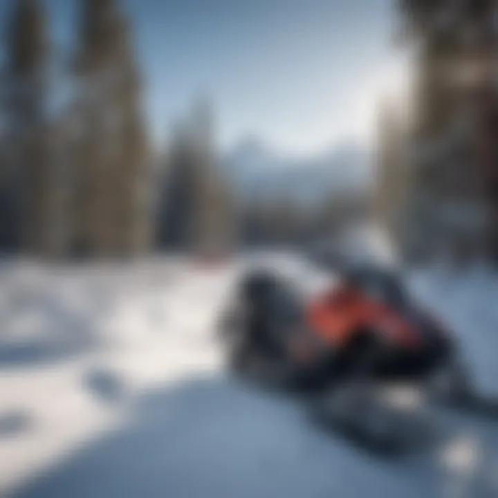 Snow-covered landscape with snowmobiles parked