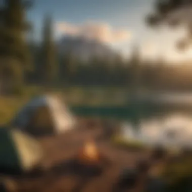 Camping setup with tents and a campfire near the lake