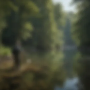 An angler casting a line into a crystal-clear river surrounded by lush vegetation.