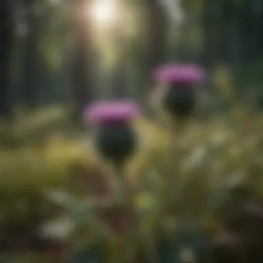 Thistles growing in a woodland ecosystem, highlighting their ecological role.