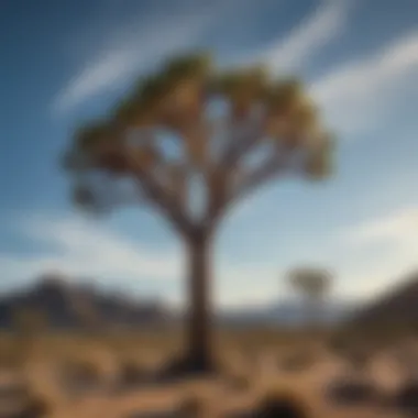 An ancient Joshua tree standing tall against a blue sky