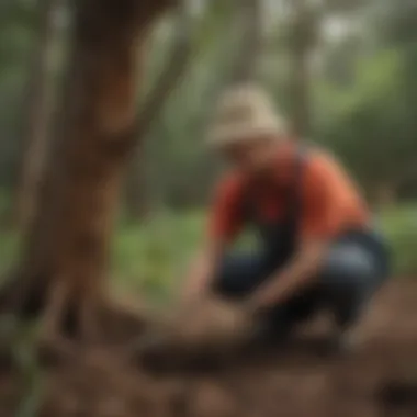 A conservationist planting a native tree sapling in Hawaii