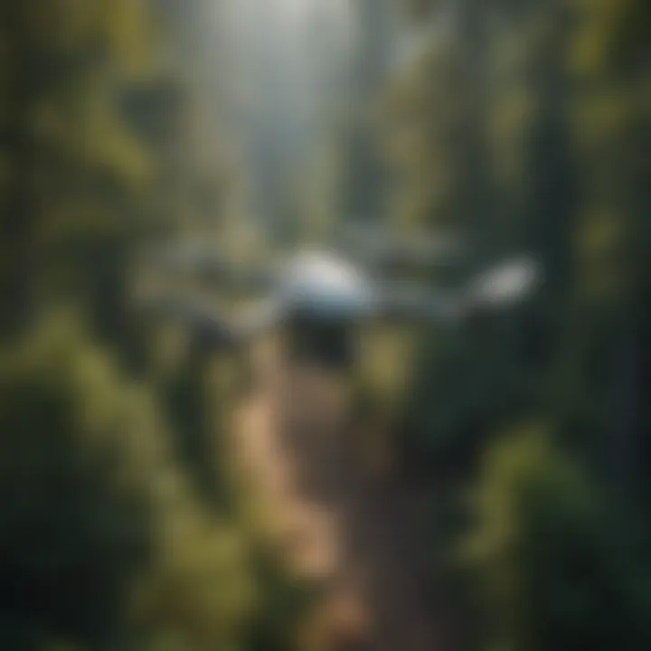 A drone surveying a lush forest canopy