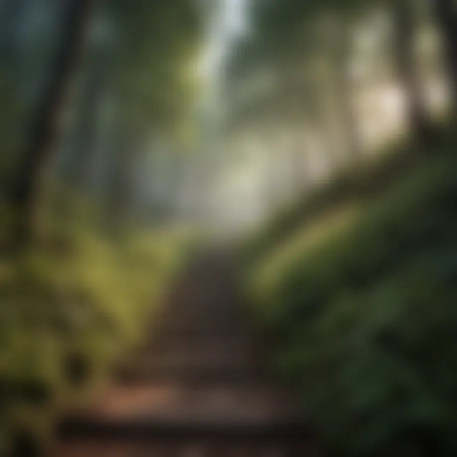 A breathtaking view of a forested staircase trail