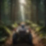 A rugged four wheeler navigating through a dense forest trail