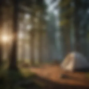 A serene campsite showcasing a tent set against the backdrop of towering trees