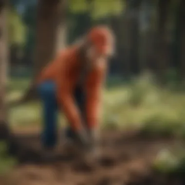 A volunteer planting trees in a local park