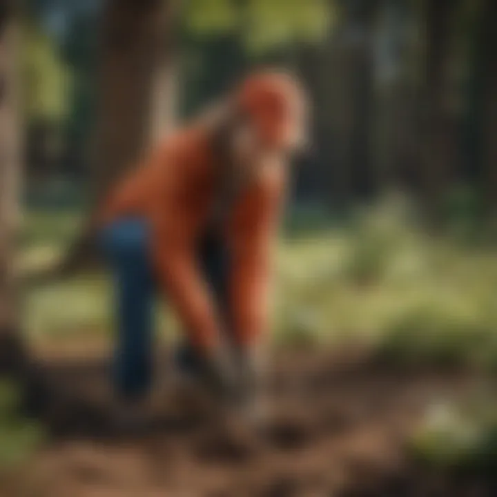 A volunteer planting trees in a local park