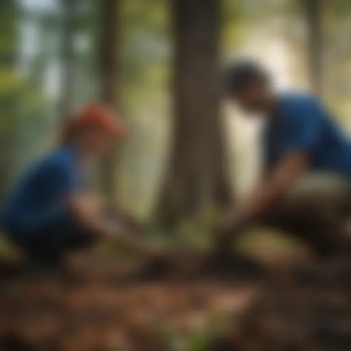 Volunteers planting trees in a lush forest