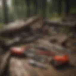 A collection of wildland fire tools laid out on a wooden surface