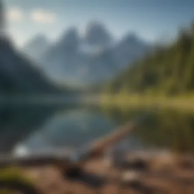 A fishing rod resting against a backdrop of majestic mountains.