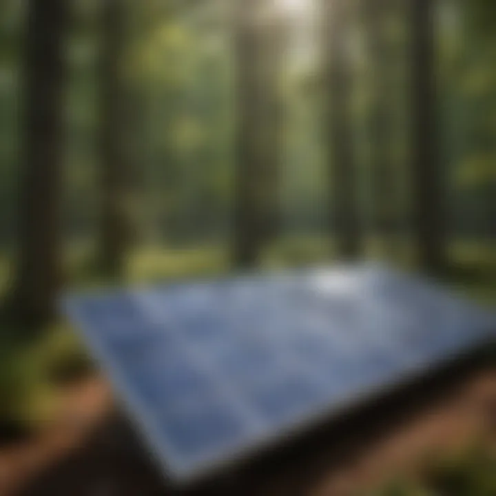 A close-up of solar panels integrated within a forest setting, symbolizing renewable energy.