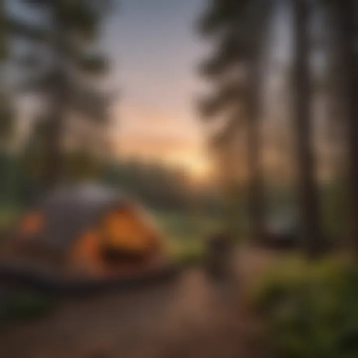 A camper setting up a tent with a beautiful sunset in the background