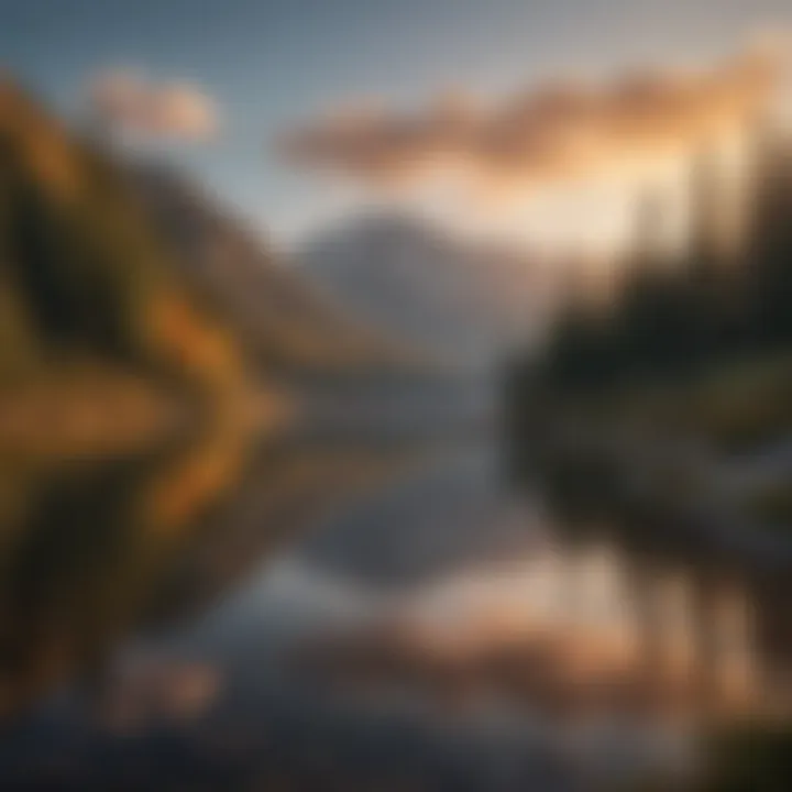 Serene lake reflecting the surrounding mountains at sunset