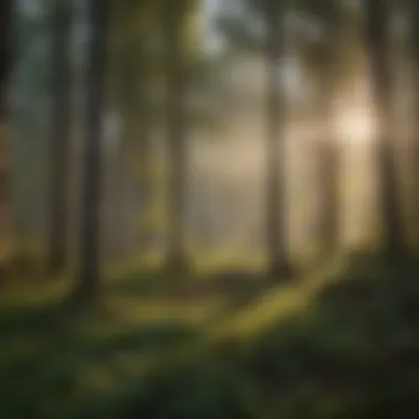 Tranquil forest scene with sunlight filtering through the trees