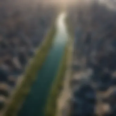 Aerial view of Chicago highlighting water bodies and urban structures