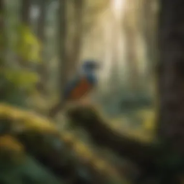 A lush forest scene filled with various bird species, showcasing their natural habitat.