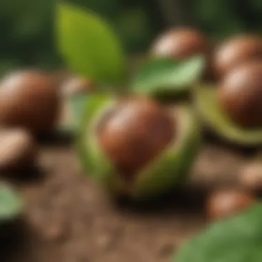 A close-up view of a hazelnut surrounded by its green husk