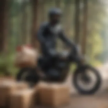 A motorcyclist holding shopping bags filled with supplies