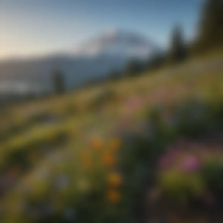 Wildflowers blooming in the foreground with Mount Baker in the background