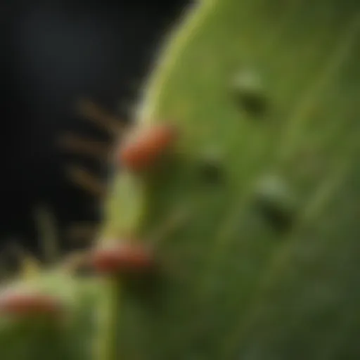 A close-up view of aphids on a plant leaf, highlighting pest presence.