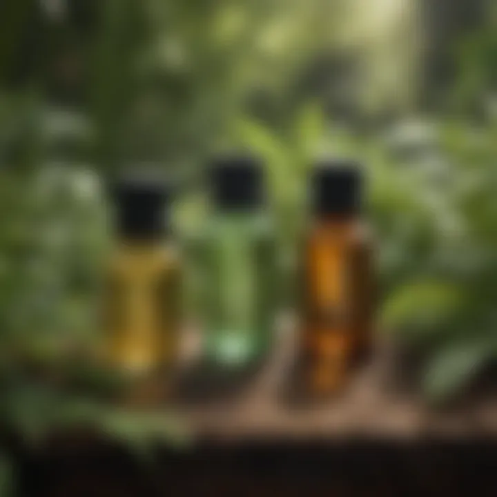 Bottles of essential oils used for natural pest control sitting among plants.