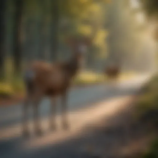 A deer standing near a roadside at dusk