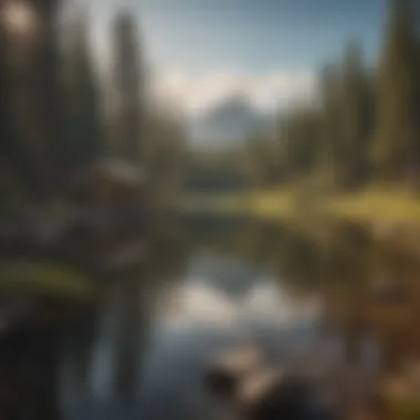 A serene lakeside campground with mountains in the background