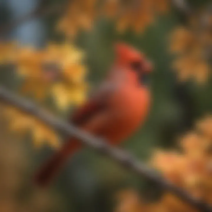 A close-up of a Northern Cardinal sitting among colorful autumn leaves