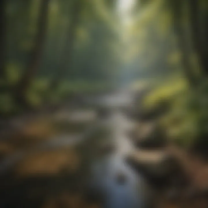 A serene stream flowing through the woodland ecosystem