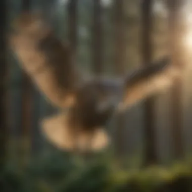 An owl in flight showcasing its majestic wingspan against the sunset