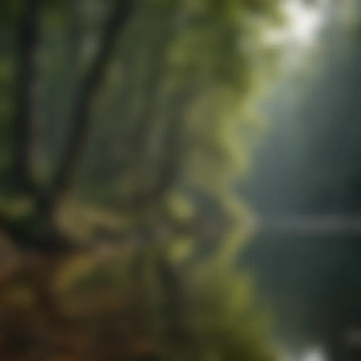 Angler casting a line into tranquil waters surrounded by trees