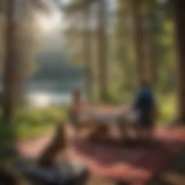 Picnic Bliss with Pets at Lake Tahoe A couple enjoying a picnic with their dog in a scenic meadow