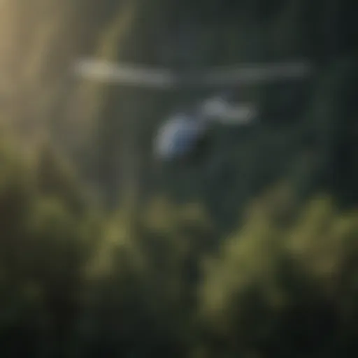 A helicopter hovering over a lush forest landscape