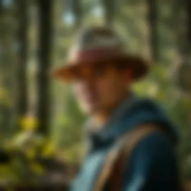 Public Hunter Hat in Nature A serene woodland backdrop featuring an individual wearing a public hunter hat during a nature excursion