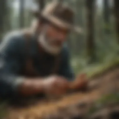 An experienced prospector examining a gold nugget found in the woodland